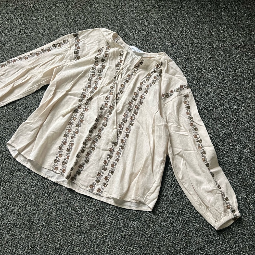 PRIMARK Cream & Ditzy Floral Peasant Blouse Cotton Blend Tie Neck Top Shirt S-M